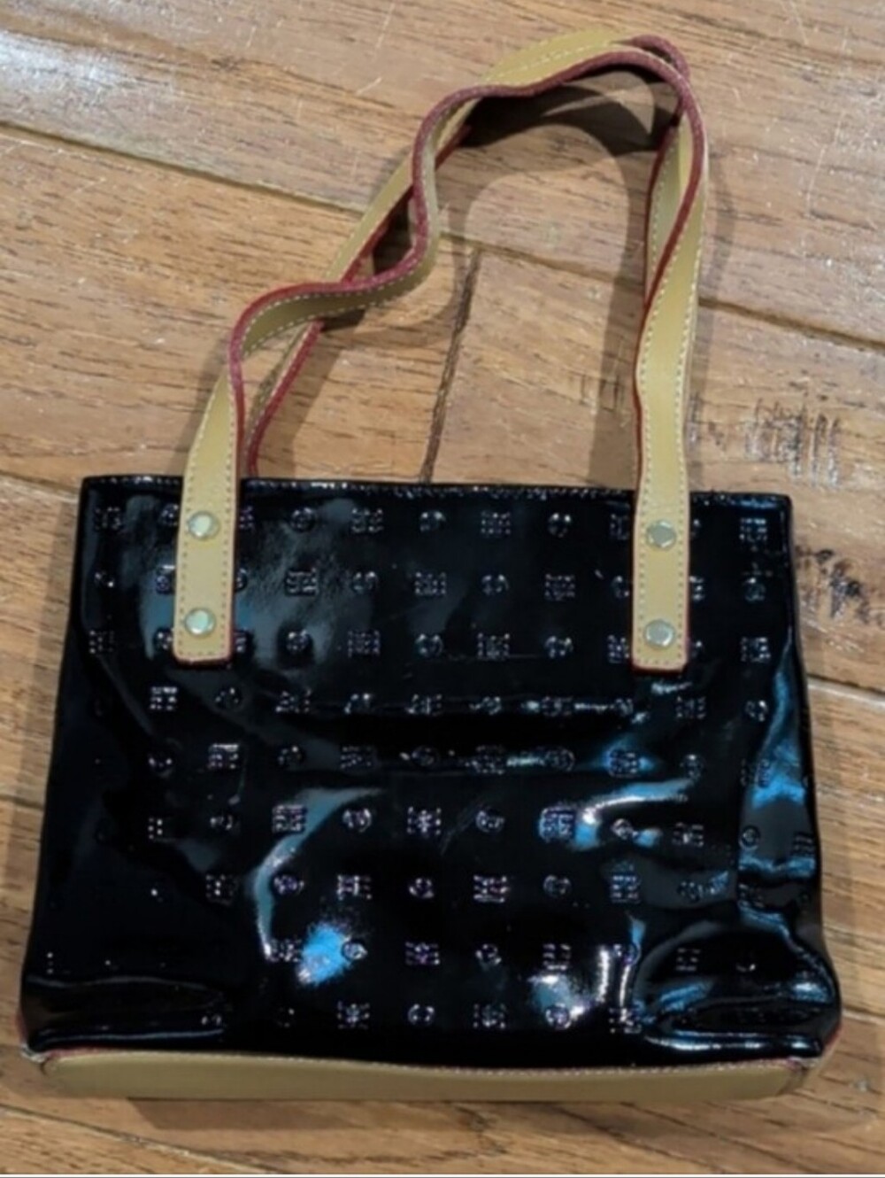 Arcadia Small Satchel Black and Tan Patent Leather Monogram Women's Tote Bag
